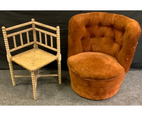 A 20th century  painted corner  bobbin turned side chair; a Victorian button back tub chair (2) 