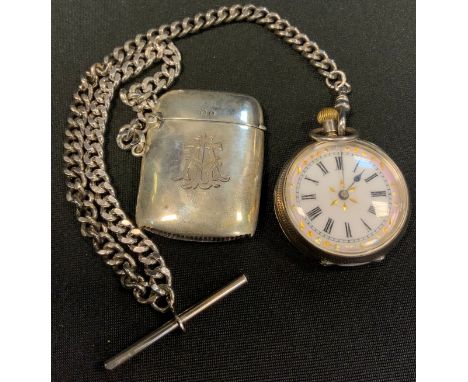 A late 19th century continental 935 silver open face lady's fob watch;  a plain monogrammed silver vesta case, Birmingham 192