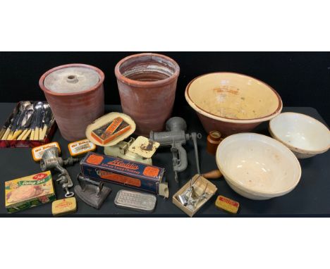 Boxes and Objects - Kitchenalia - flat iron;  scales;  Husovarna mincer;  icing set;  flatware;   terracotta storage jars;   