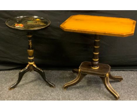 A reproduction occasional table, cantered rectangular top, turned support, 50cm high, 46cm wide, 33cm deep;  another 20th cen