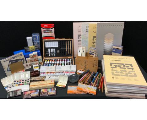 Artist's paints and materials - a comprehensive collection of watercolour paints, ink, pencils, and various draughtsman's too