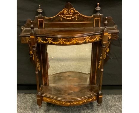 A 19th century rosewood and marquetry bow-front wall hanging shelf, rectangular bevelled central mirror, 52cm high, 43cm wide