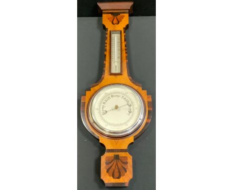 An Art Deco inlaid aneroid barometer thermometer, silvered scales, 69cm high, 24,5cm wide. 