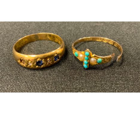 A late Victorian diamond, sapphire and ruby ring, 18ct gold shank, size M, 2.2g gross;  a turquoise and seed pearl ring, 12ct