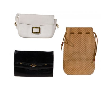 Gucci and Hermes Handbag Assortment  (3) items including by Gucci a black leather clutch and a suede drawstring bag; as well 