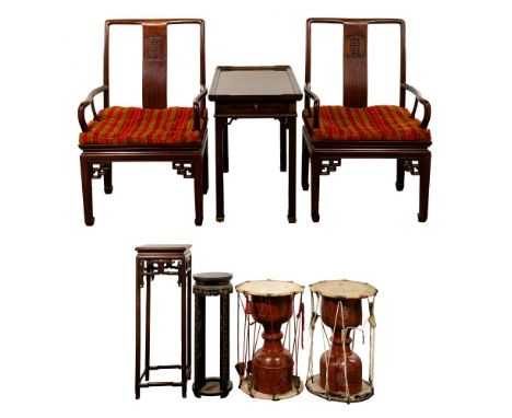 Asian Furniture Assortment  (7) items including a black lacquered side table having a round top decorated in colors and gold 