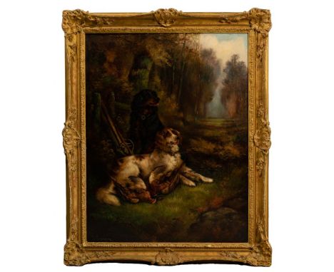 Robert Cleminson (British, fl.1864-1903) Oil on Canvas  Undated, signed lower left, depicting a pair of hunting spaniels, a p