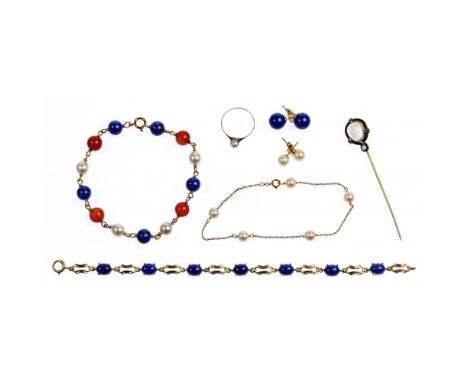 14k Yellow Gold Jewelry Assortment  (7) items including a lapis lazuli bracelet, pair of lapis lazuli pierced earrings, a lap