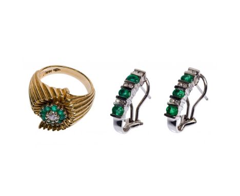 14k Gold, Emerald and Diamond Earrings and Ring  (2) items including white gold pierced earrings having round cut emeralds an