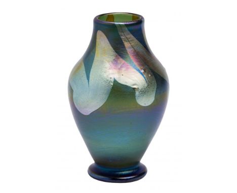 Louis Comfort Tiffany Miniature Vase  Inscribed 'L.C.T. D875' on underside, urn shaped blue favrile vase having a pulled silv