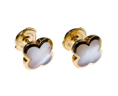 Van Cleef &amp; Arpels 18k Yellow Gold and Mother of Pearl 'Alhambra' Pierced Earrings  Having a four leaf clover shape; mark