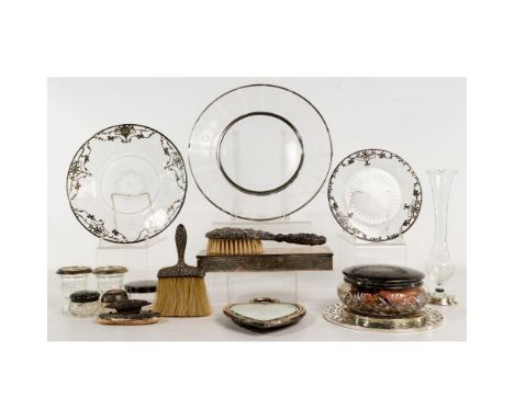 Sterling Silver Object Assortment  (15) items including a dresser set having (3) lidded jars, a mirror, a brush, a nail buffe