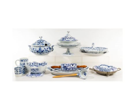 Meissen and Meissen Style Porcelain Assortment  (19) blue-on-white floral motif items including oval serving dish, three-sect