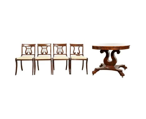 Mahogany Harp Table and Chairs  Round table having a harp form base and claw feet; as well as four harp back upholstered chai