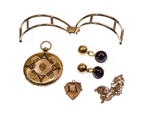 14k Yellow Gold Jewelry Assortment  (5) items including a pair of cufflinks having an enameled side, a heart-shaped locket, a