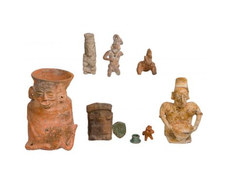 Pre-Columbian Style Figural Pottery Assortment  (6) items including a Mayan style handled urn depicting the old fire god; a J