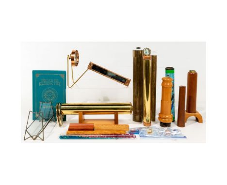 Kaleidoscope Assortment  (15) items including (5) tube style kaleidoscopes in wood, brass and cardboard; (2) wheelscopes with