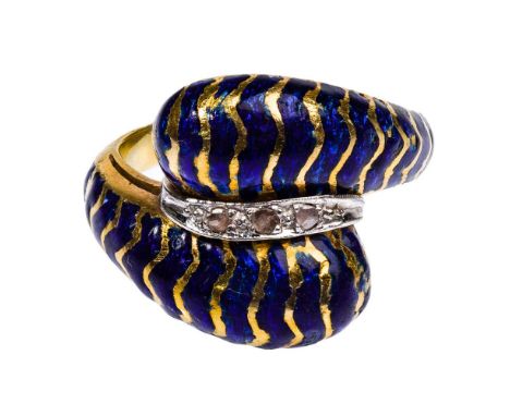 18k Yellow Gold, Enamel and Diamond Ring  Having a cross-over design with cobalt blue enamel separated by (3) round cut diamo