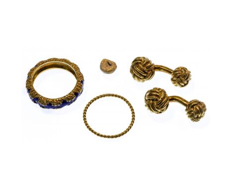 18k Yellow Gold Jewelry Assortment  (4) items including a pair of knot cufflinks, a ring having enamel adornment, a twisted r