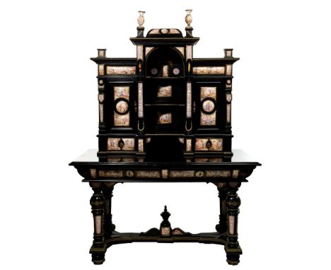 Viennese Gilt Metal and Enamel Mounted Ebonized Secretaire  19th century, ebonized cabinet, having polychrome over copper myt