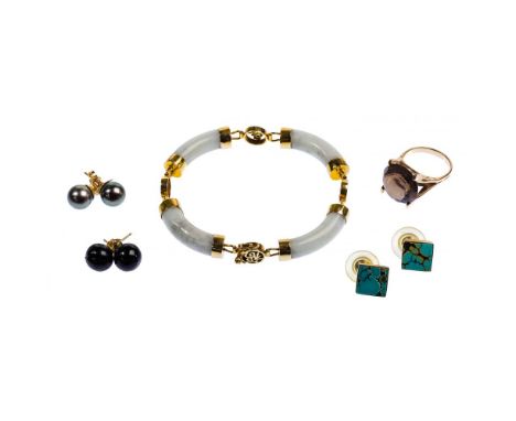 14k Yellow Gold Jewelry Assortment  (5) items including a jadeite jade bracelet, a 15mm round cut smokey topaz ring and pierc