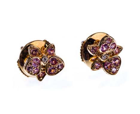 Cartier 18k Yellow Gold, Ruby and Diamond Pierced Earrings  Floral-shaped earrings having round cut rubies and diamonds; mark