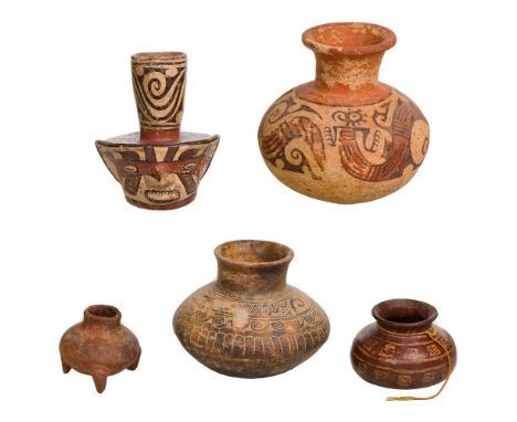 Pre-Columbian Style Central America Pottery Assortment  (5) items including a Cocle style polychrome effigy bottle having a t