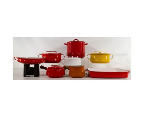 Dansk Kobenstyle Cookware Assortment  (8) items in chili red, yellow, orange and white including (2) 5-quart dutch ovens havi