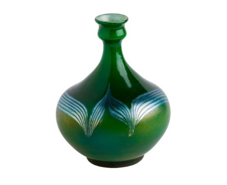 Louis Comfort Tiffany Favrile Miniature Vase  Inscribed 'LC Tiffany Favrile 9955E', bulbous having a long neck, silver pulled