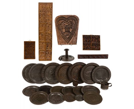 Primitive Object Assortment  (26) items including (18) pressed tin child plates, a child tin cup, a rattle end and a candlest