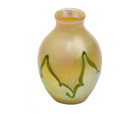 Tiffany Style Miniature Art Glass Vase  Urn style vase with green pulled feathers over a yellow iridescent vase  Property fro