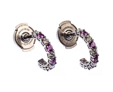 Tiffany &amp; Co Platinum, Ruby and Diamond Pierced Earrings  Hoop earrings having round cut rubies and diamonds; marked 'T&a