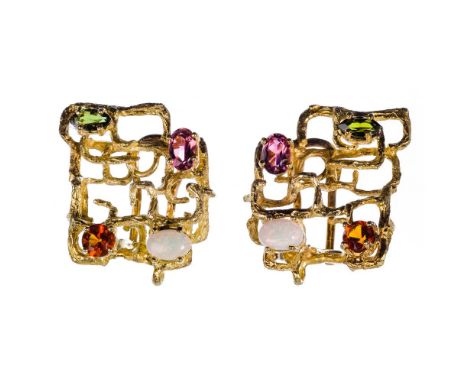 18k Yellow Gold and Semi-Precious Gemstone Clip-on Earrings  Having an openwork mounting; marked '750'  Property from: a Chic