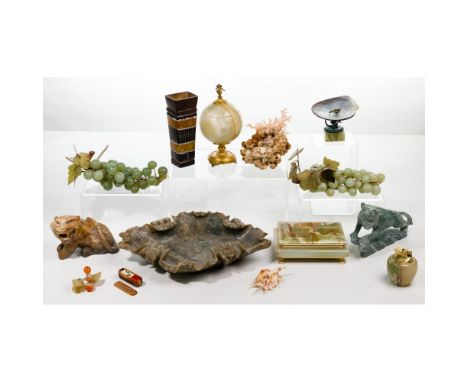 Decorative Stone Object Assortment  (14) items including (3) clusters of grapes, (2) carved tiger sculptures, green monolithi