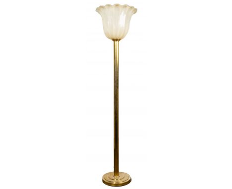 Tulip Floor Lamp  Having a tulip shaped, opaque white textured glass shade, brass shaft and base with touch-sensitive on / of