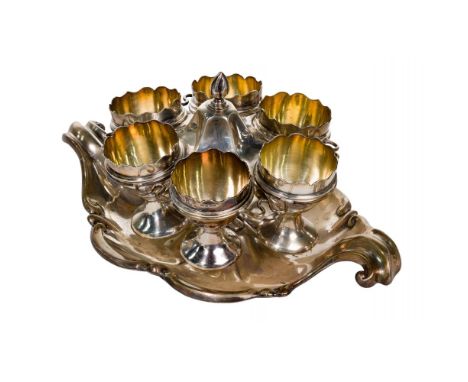 English Sterling Silver Egg Server  1859, London, tray having arms to hold (6) scalloped edge egg cups; marked 'JB over FB' a