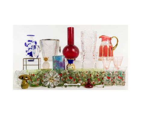 Crystal and Glass Assortment  Over (30) items including a pinecone shaped lidded jar and a pair of candlesticks marked 'Tiffa