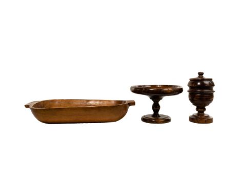 Wood Compote, Turned Treen Jar and Dough Bowl  (3) items, the compote being assembled from (3) turned pieces having male and 