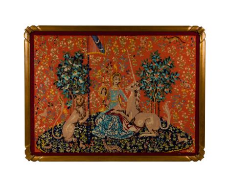 'The Lady and the Unicorn' Needlepoint  Hand-made 20th century reproduction after the medieval tapestry, initialed 'MT' lower