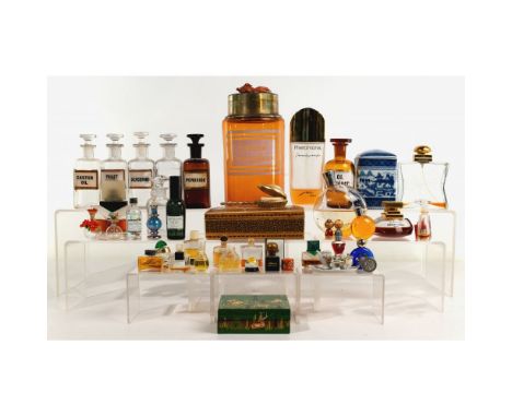 Perfume and Apothecary Bottle Assortment  Approximately (35) items including pharmaceutical style and decorative decanters an