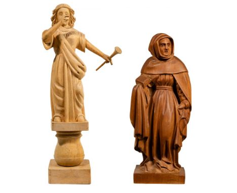 Carved Wood Figures  (2) items including a blonde wood carving of a female wearing robes and blowing a horn mounted atop a ma