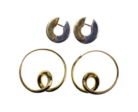 18k Gold Pierced Earring Assortment  (2) pairs of earrings including a hoop with a swirl towards the bottom; and a 2-color hu