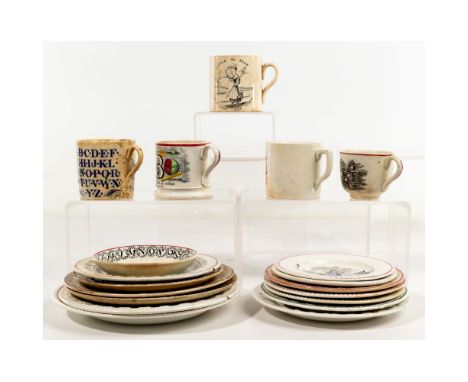 English ABC Plate and Cup Assortment  (19) items including (13) plates with various scenes having the alphabet on edges, (5) 