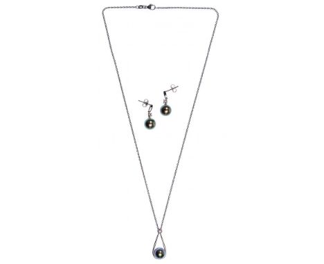 White Gold, Pearl and Diamond Jewelry Suite  Including pierced earrings and a pendant on a necklace, all having 7- to 8mm pea