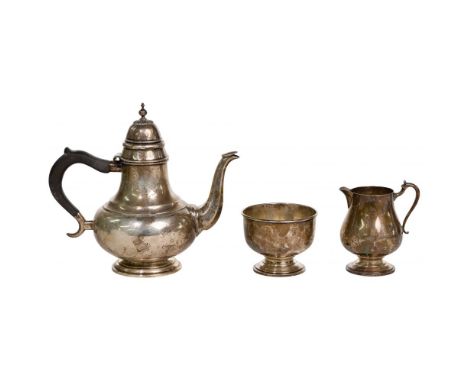 Sterling Silver Tea Service  (3) items including a tea pot having a baluster shape, goose neck spout, pear wood handle featur