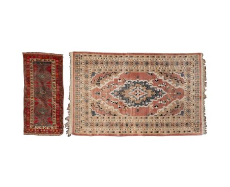 Persian Wool Rugs  (2) items including a Heriz style having a geometric medallion in the center in hues of blues and cream on