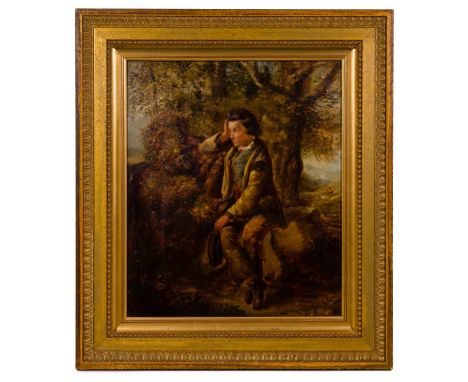 Unknown Artist Oil on Panel Portrait of a Boy  Undated, unsigned, depicting a shepherd boy seated in a rural landscape, in a 
