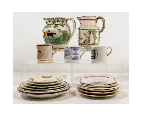Staffordshire Transferware and Majolica Assortment  (19) souvenir, memento, nursery and commemorative items including (2) jug