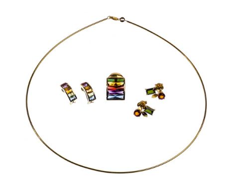 18k Yellow Gold Jewelry Assortment  (4) items including (2) pairs of pierced earrings and a pendant, all having multi-color s