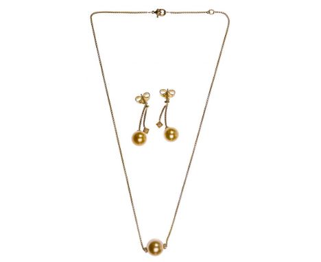 David Yurman 18k Yellow Gold, Pearl and Diamond Jewelry Suite  Including a necklace having an attached pendant and a pair of 